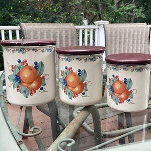 Vintage Set of Cream Enamel Canister Folk Style Fruit Floral - Dark Wooden Lids